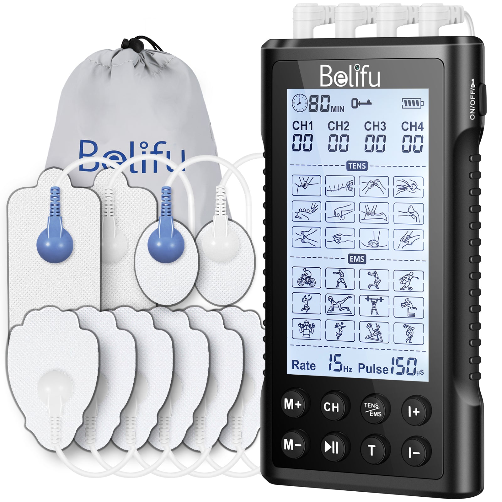 Belifu 4 Independent Channel TENS EMS Unit, 24 Modes,30 Level Intensity + 10 Pads&5 Set Leads Wires, Rechargeable Electric Pulse Massager for Pain Relief Therapy, Arthritis, Muscle Stiffness/Sorenes