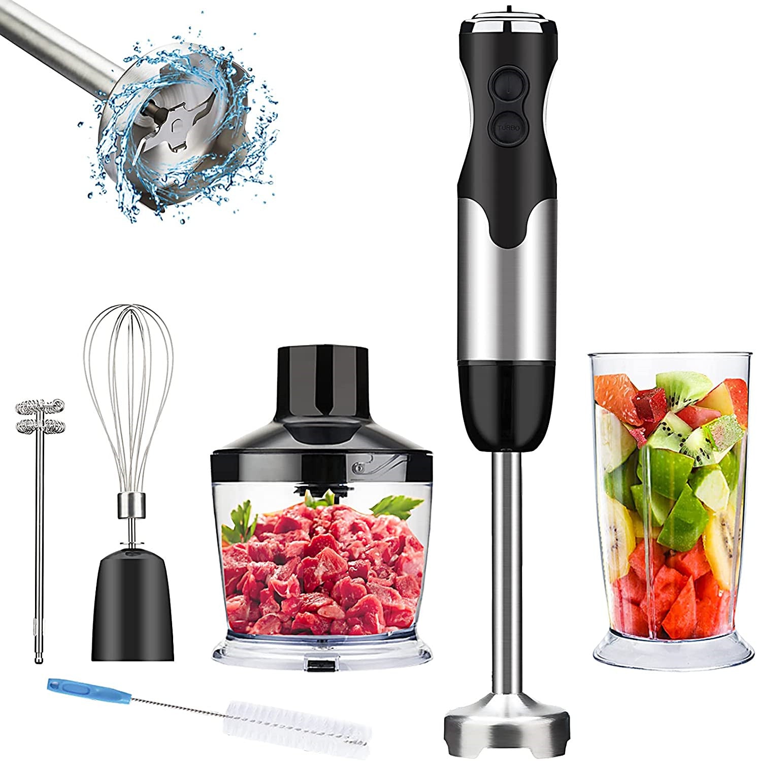 5-in-1 Immersion Hand Blender, Powerful 12-Speed Handheld Stick Blender with 304 Stainless Steel Blades, Chopper, Beaker, Whisk and Milk Frother for Smoothie, Baby Food, Sauces Red,Puree, Soup (Black)