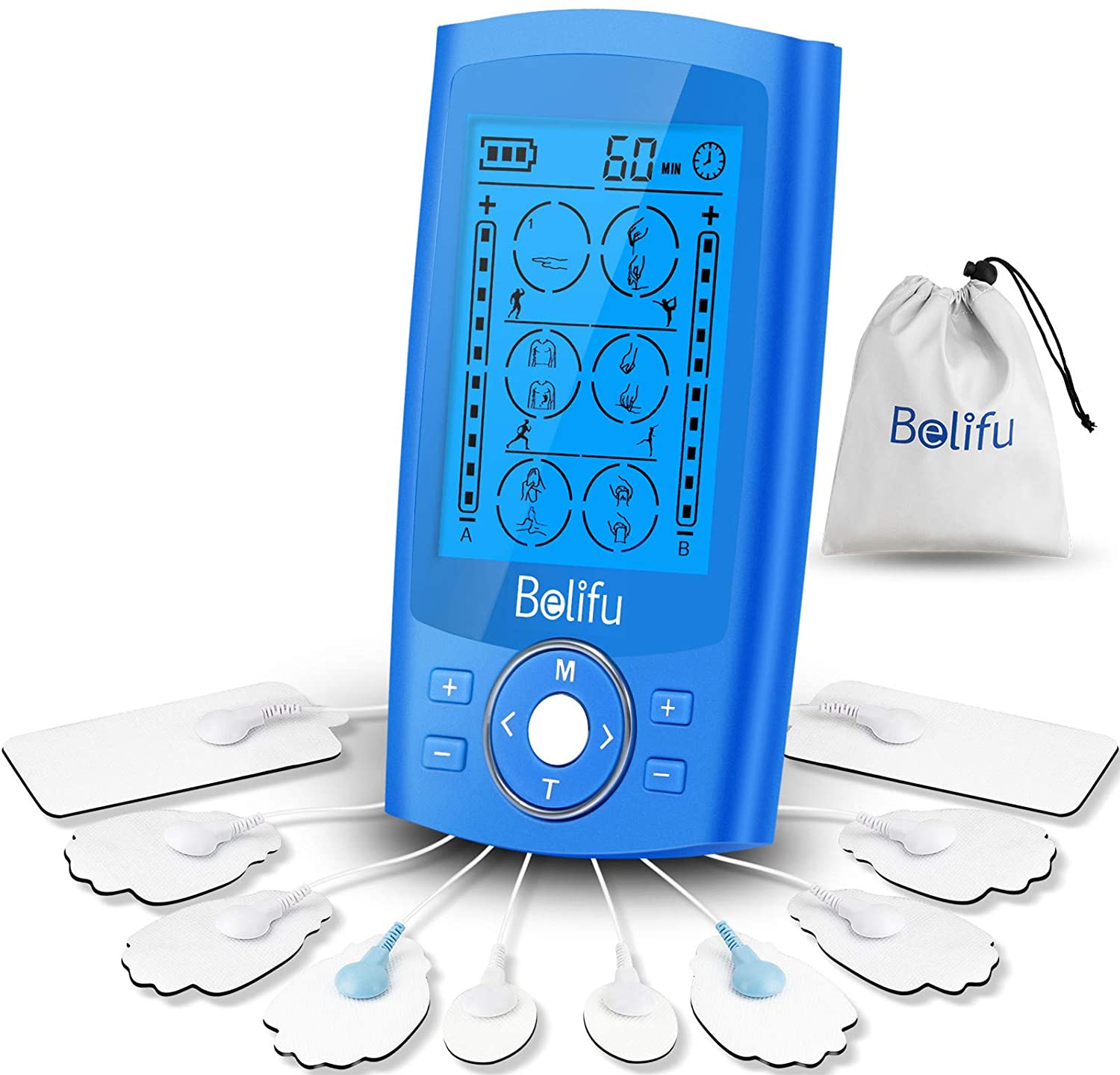 Belifu Dual Channel TENS EMS Unit 24 Modes Muscle Stimulator for Pain Relief Therapy, Electronic Pulse Massager Muscle Massager with 10 Pads, Dust-Proof Drawstring Storage Bag,Fastening Cable Ties