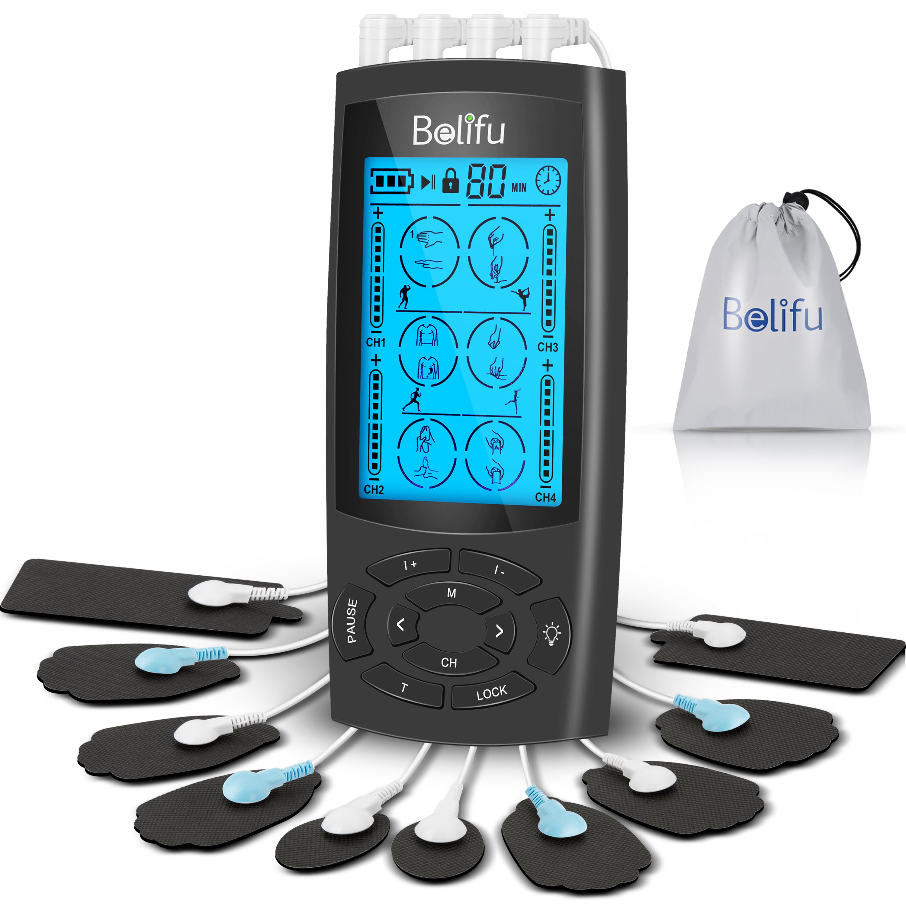 Belifu 4 Independent Channel TENS EMS Unit, TENS Unit Muscle Stimulator for Pain Relief, 24 Modes 20 Level Intensity, Rechargeable Electric Pulse Massager with Large Screen, 10 Pads, Storage Bag