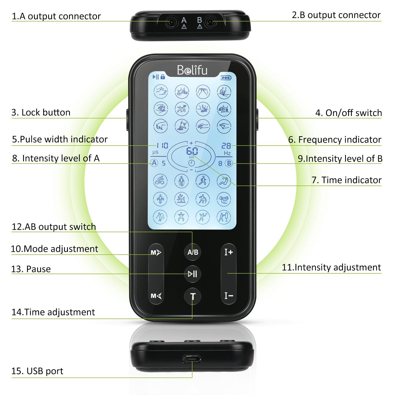 Belifu Independent Dual Channel TENS EMS Unit with 24 Modes, Rechargeable Muscle Stimulator for Pain Relief with 20 Levels Intensity, Electric Pulse Massager TENS Machine with Back Clip 10 Pads