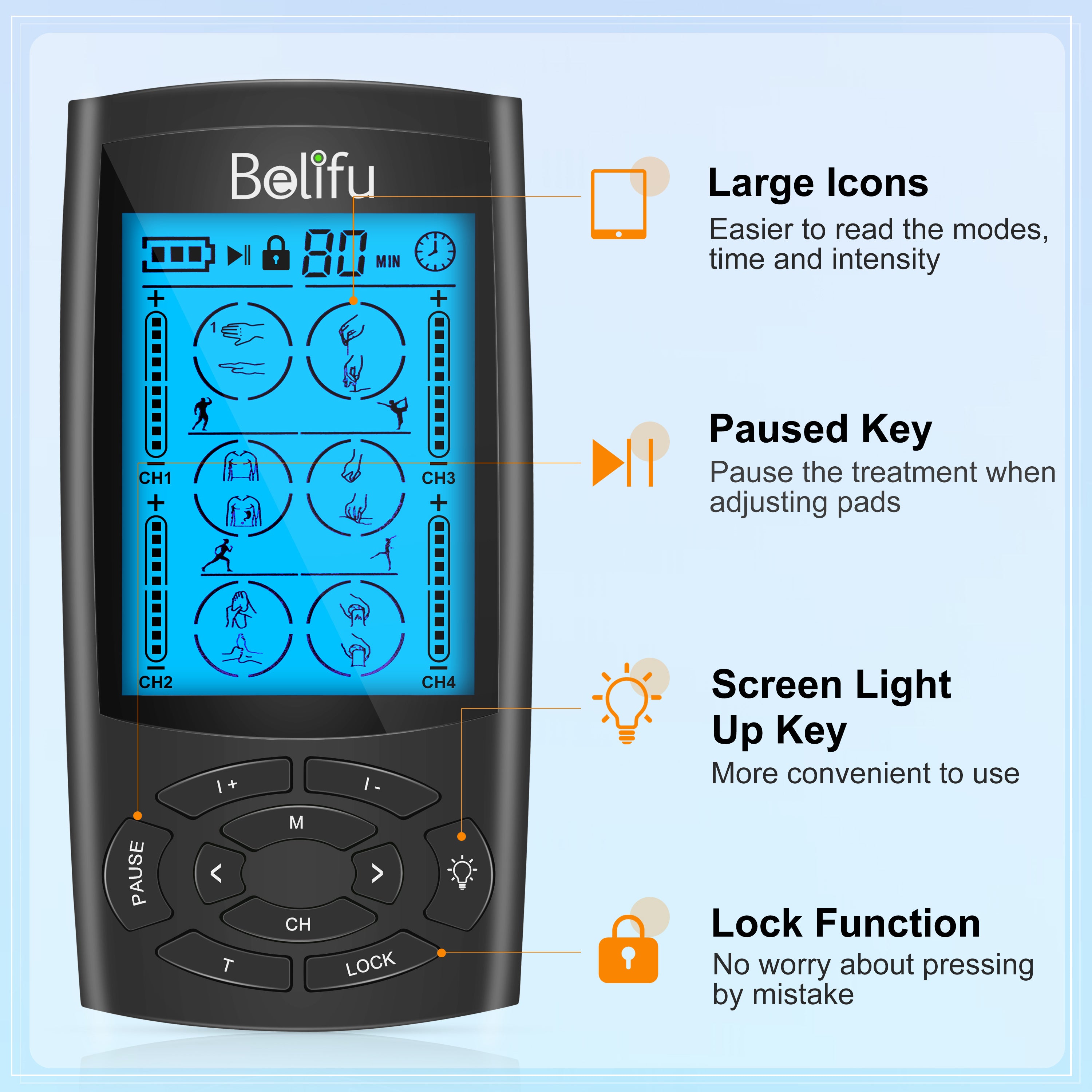 Belifu 4 Independent Channel TENS EMS Unit, TENS Unit Muscle Stimulator for Pain Relief, 24 Modes 20 Level Intensity, Rechargeable Electric Pulse Massager with Large Screen, 10 Pads, Storage Bag