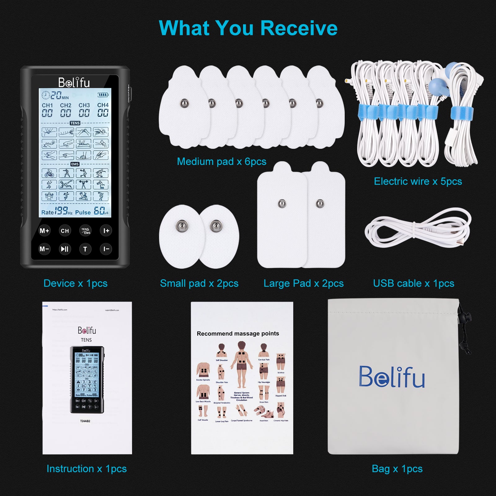  Belifu Dual Independent Channels TENS EMS Unit for Pain Relief, TENS  Unit Muscle Stimulator with 24 Modes 20 Levels Intensity, Electric Pulse  Massager TENS Massager with 10 Pads, Storage Bag 