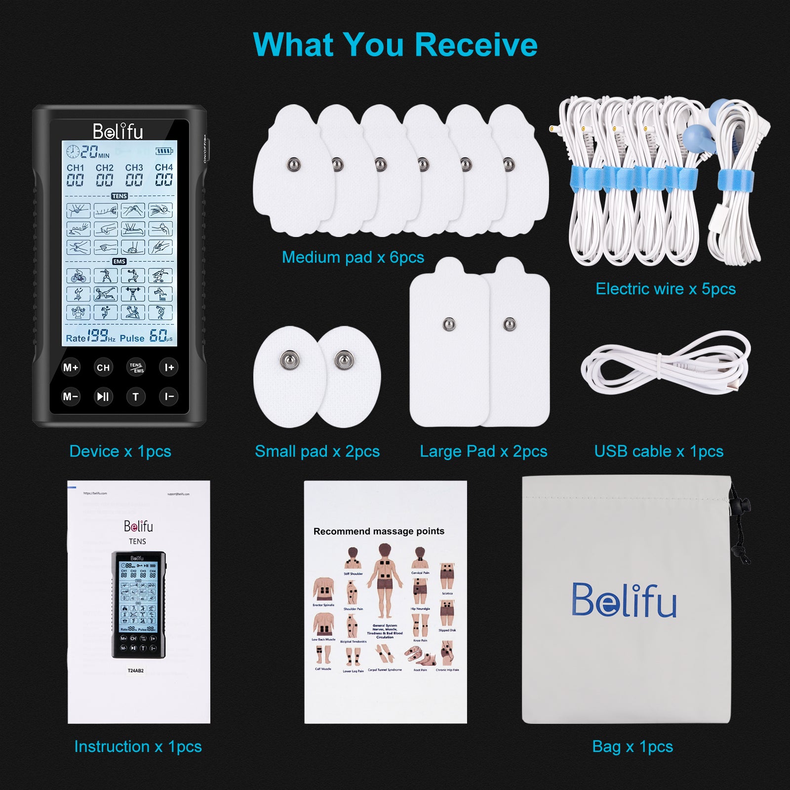 Belifu 4 Independent Channel TENS EMS Unit, 24 Modes,30 Level Intensity + 10 Pads&5 Set Leads Wires, Rechargeable Electric Pulse Massager for Pain Relief Therapy, Arthritis, Muscle Stiffness/Sorenes