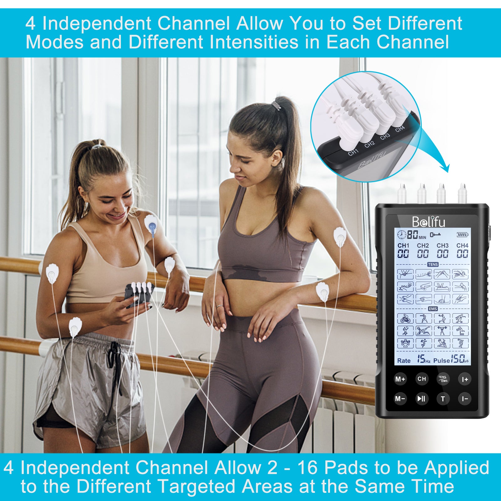 Belifu 4 Independent Channel Tens EMS Unit, 24 Modes,30 Level Intensity Muscle Stimulator Machine, Rechargeable Electric Pulse Massager with 10 Pads&5
