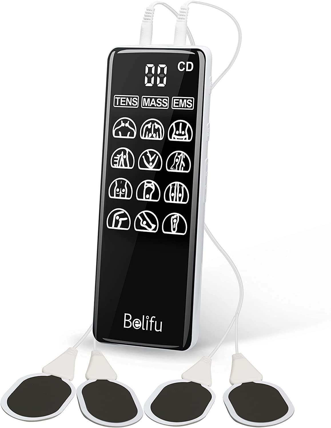 Belifu Heat Therapy TENS EMS Unit, Muscle Stimulator for Pain Relief, Independent Dual Channel Electric Pulse Massager, 3 Temperature Levels, 36 Modes and 40 Intensities, with Back Clip, 10 Gel Pads