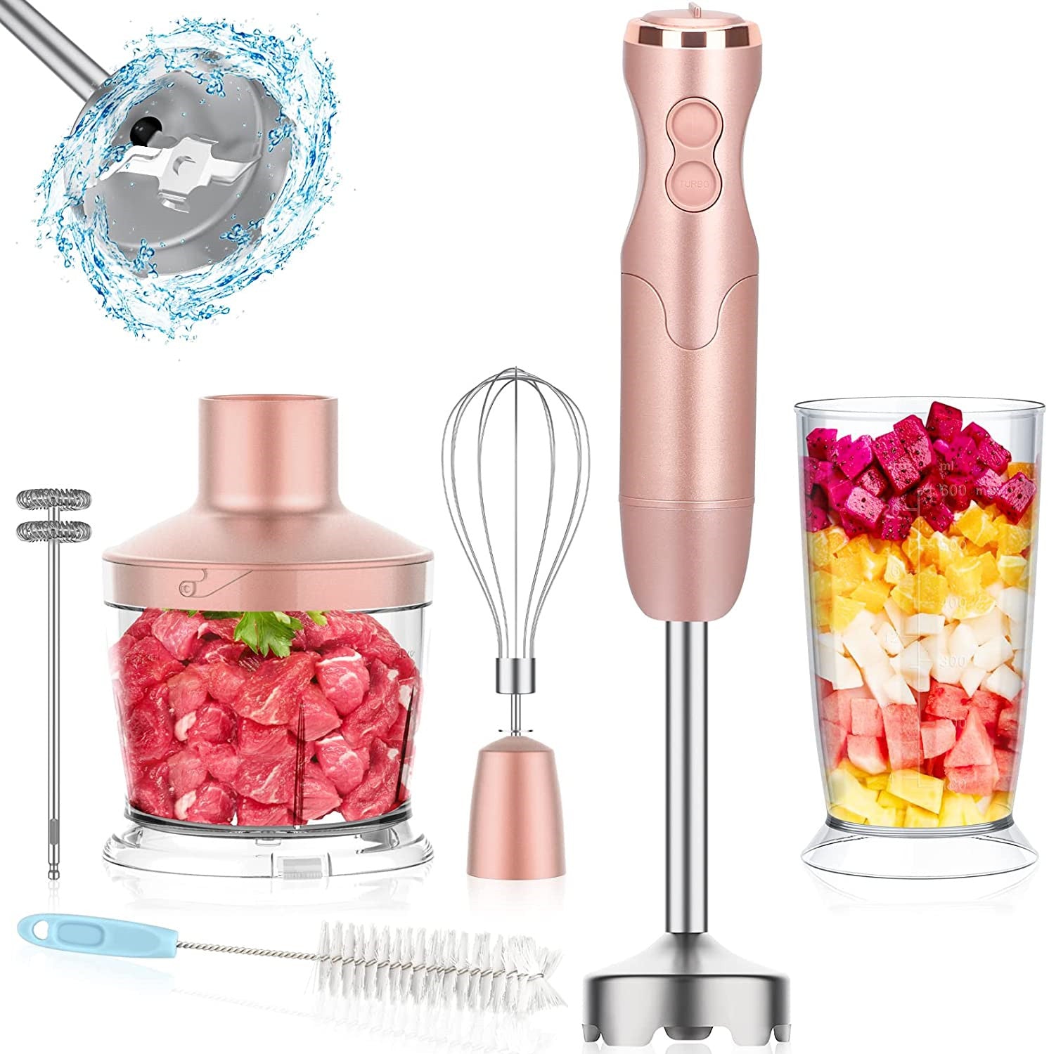 5-in-1 Immersion Hand Blender, Powerful 12-Speed Handheld Stick Blender with 304 Stainless Steel Blades, Chopper, Beaker, Whisk and Milk Frother for Smoothie, Baby Food, Sauces Red,Puree, Soup (Golden Pink)