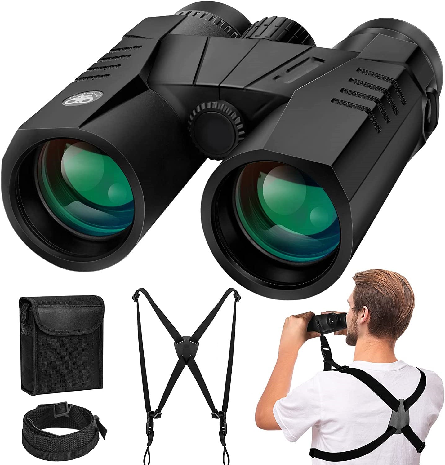 12X42 HD Binoculars for Adults with Harness Strap, Professional High Powered Lightweight BAK4 Prism Binoculars with Large View for Bird Watching, Hunting, Travel, Hiking, Sports, Concerts