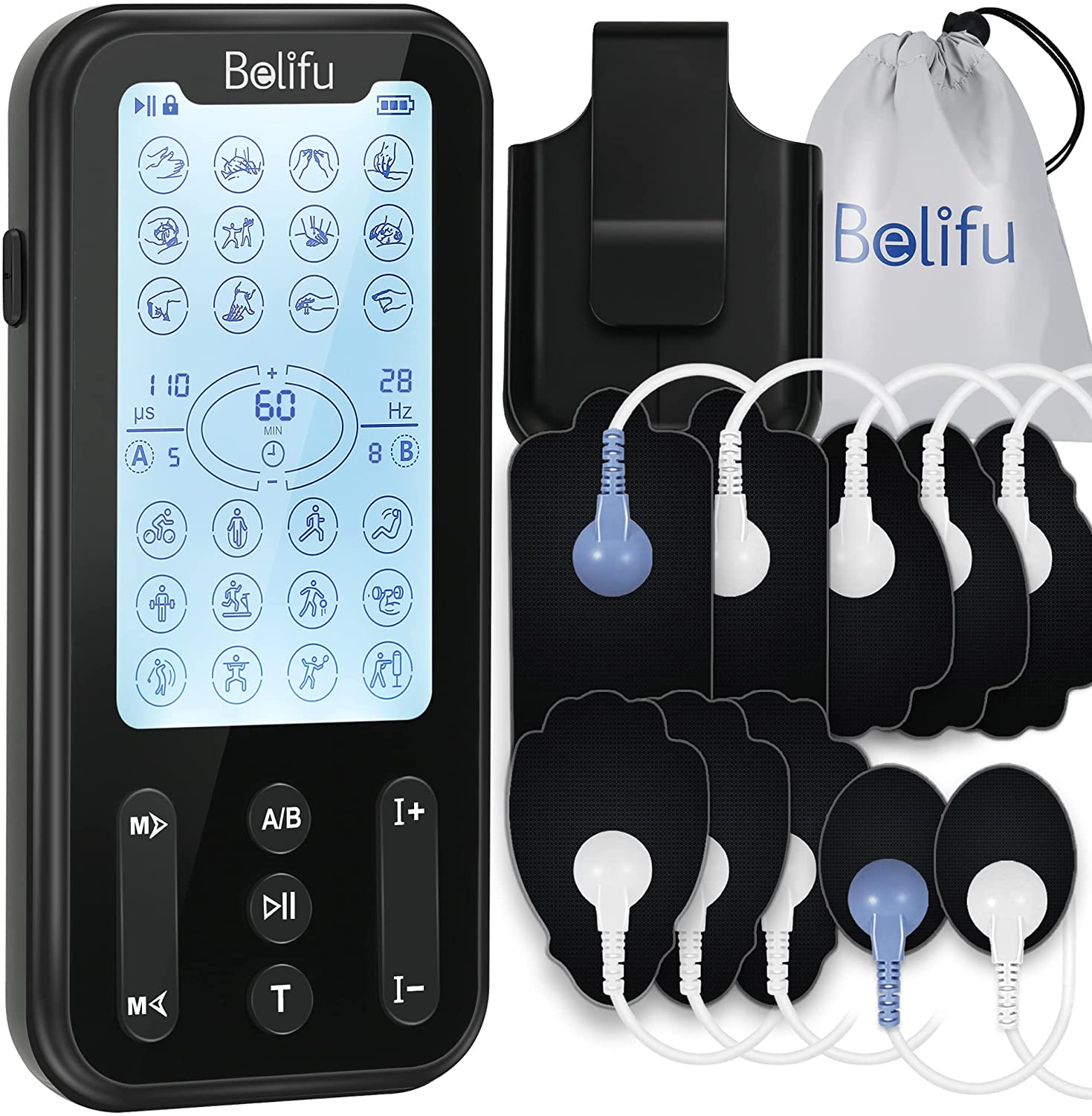 Belifu Independent Dual Channel TENS EMS Unit with 24 Modes, Rechargeable Muscle Stimulator for Pain Relief with 20 Levels Intensity, Electric Pulse Massager TENS Machine with Back Clip 10 Pads